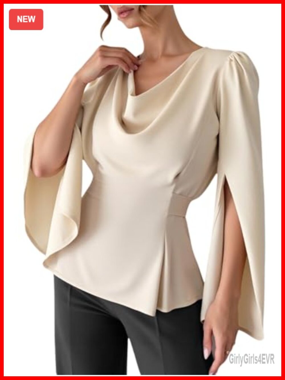 Cowl Neck Satin Long Sleeve Peplum Tie Back Blouse